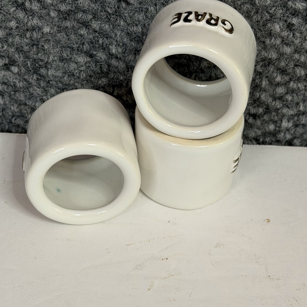 Set/ 3 Pier 1 Ceramic Napkin Rings White Stamped Thanksgiving Napkin Rings - Picture 3 of 6